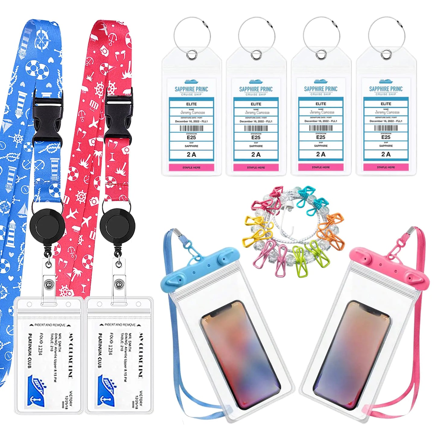 Cruise Ship Essentials Set Includes 4 Cruise Luggage Tag Holders 2 Retractable Cruise Lanyard 2 Waterproof Phone Pouch and 1 Travel Clothesline Suitable for Royal Caribbean Carnival Cruise Lines