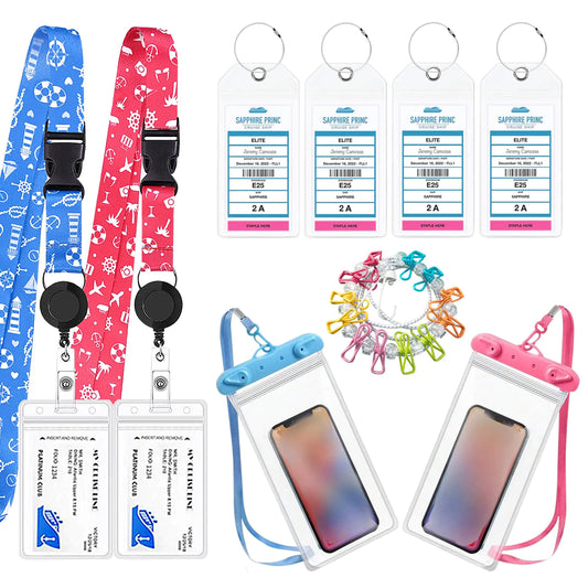 Cruise Ship Essentials Set Includes 4 Cruise Luggage Tag Holders 2 Retractable Cruise Lanyard 2 Waterproof Phone Pouch and 1 Travel Clothesline Suitable for Royal Caribbean Carnival Cruise Lines