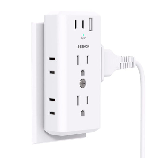 Outlet Extender Multi Plug Outlet USB Wall Charger 3-Sided Power Strip with 6 AC Outlet Splitter and 3 USB Ports (2 USB C) NO Surge Protector Cruise Essentials for Ship and Travel Dorm Office