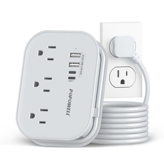 Flat Plug Power Strip- USB Travel Power Strip 3 Outlets and 4 USB Ports(2 USBC) Desktop Charging Station 5 Ft Wrapped Extension Cord Non-Surge Protector for Cruise Essentials Travel Home Dorm.