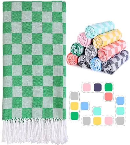 Checkered Plaid Cotton Turkish Beach Towels Sandproof Quick Dry Thin Over Size 40 x 72 Toallas de Playa Organic Blanket Mat Cruise Essentials Summer Vacation Accessories Travel Must Haves Gear Items