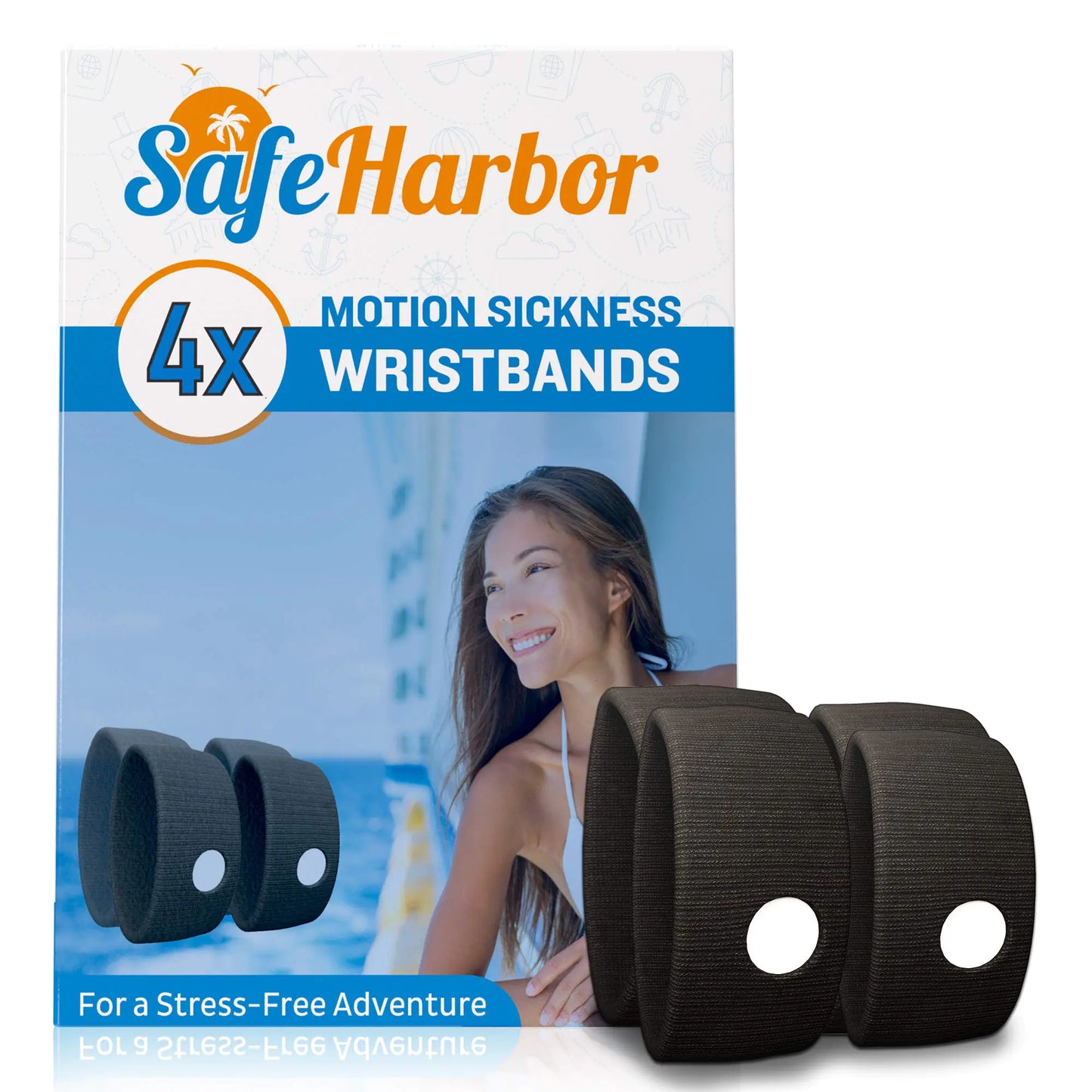 SafeHarbor Motion Sickness Wristbands | 4 Travel Wrist Bands Cruise Essentials | Natural Sea Sickness and Nausea Relief in Children and Adults | Helpful E-Book Included