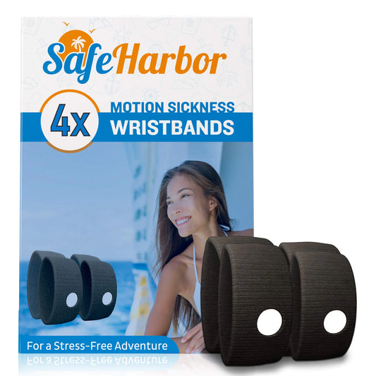 SafeHarbor Motion Sickness Wristbands | 4 Travel Wrist Bands Cruise Essentials | Natural Sea Sickness and Nausea Relief in Children and Adults | Helpful E-Book Included