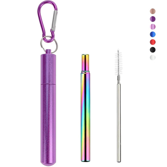 Foweroty 1 Pack Stainless Steel Straws Reusable Straws Travel Essentials,Metal Straws Reusable with 1 Aluminum Case 1 Cleaning Brush and 1 Keychains Cruise Ship Essentials(Purple)