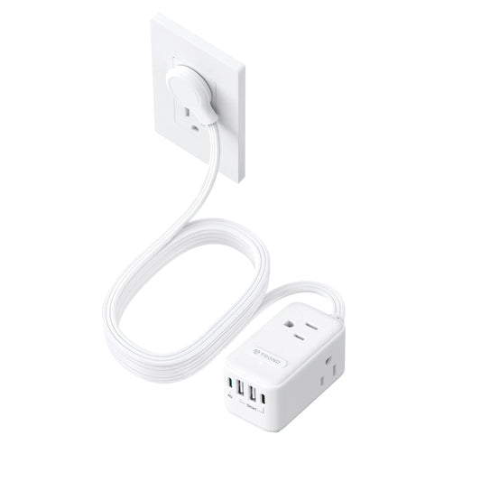 TROND 20W USB C Travel Power Strip - Ultra Thin Flat Plug Small 10ft Long Extension Cord Wall Mount 3 Side Outlet Extender for Nightstand Dresser Couch TV Cruise Essentials White