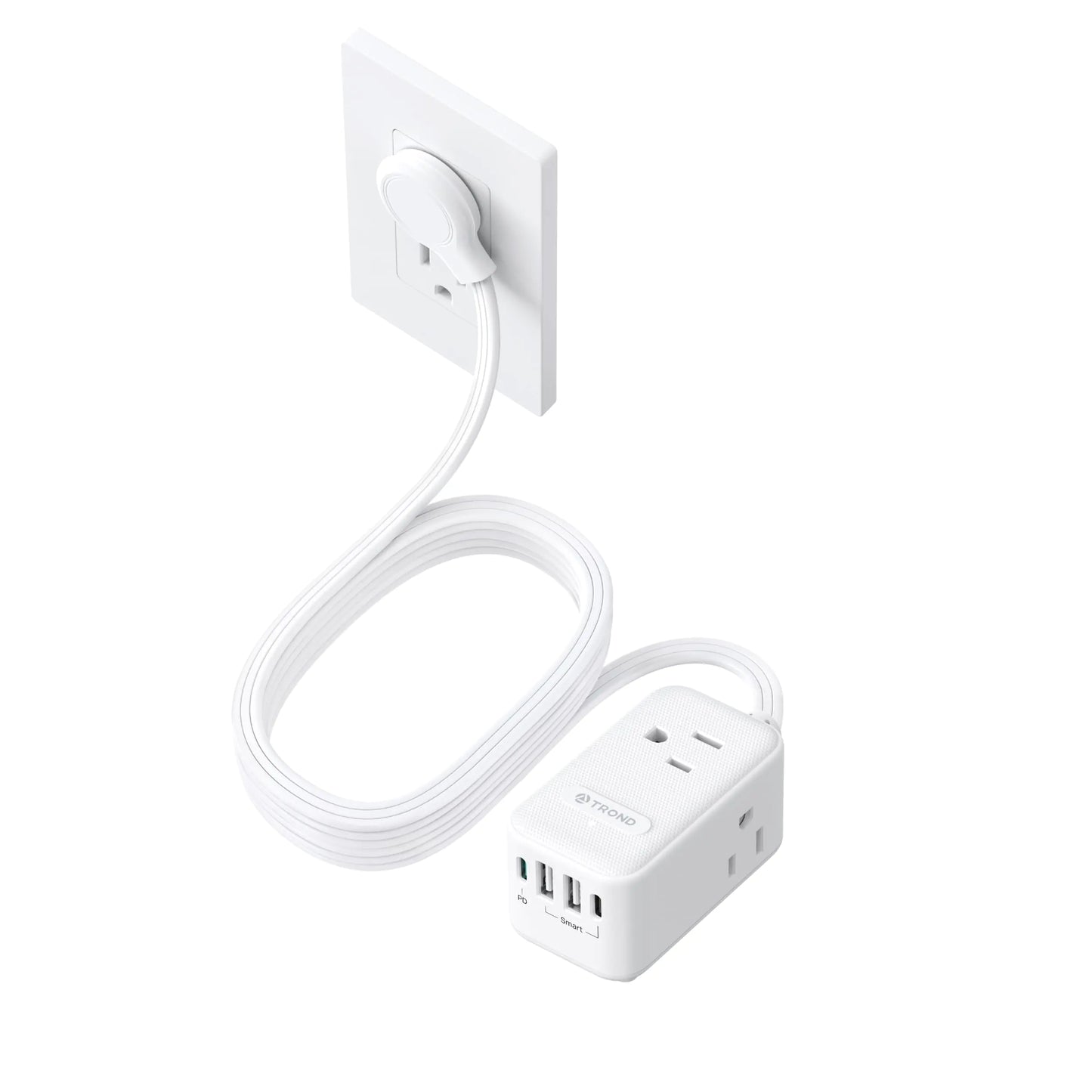 TROND 20W USB C Travel Power Strip - Ultra Thin Flat Plug Small 10ft Long Extension Cord Wall Mount 3 Side Outlet Extender for Nightstand Dresser Couch TV Cruise Essentials White