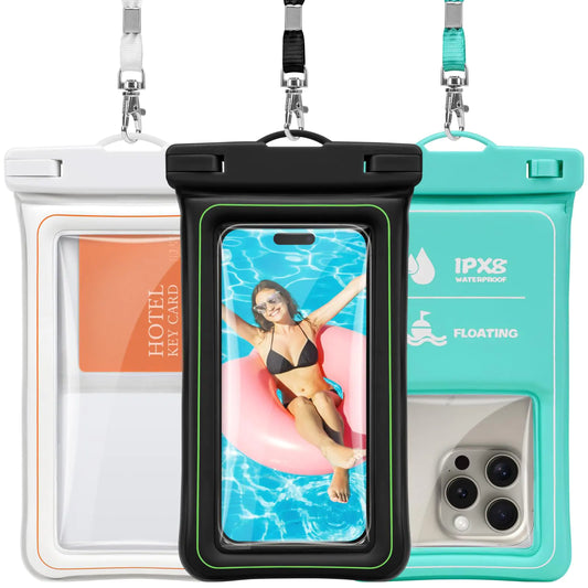 F-color Waterproof Phone Pouch - Floating with Sponge Air Cushion - Cruise Essentials IPX8 Waterproof Phone Case for iPhone Up to 7" 12.7oz Buoyancy Waterproof Phone Bag for Swimming Beach 3 Pack