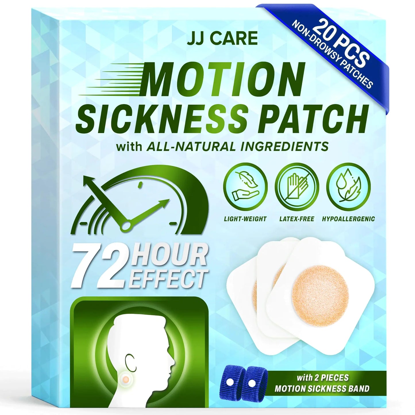 JJ CARE Motion Sickness Patch Set [20 pcs Patch + 2 pcs Motion Sickness Bands] Sea Sickness Patch Non-Drowsy Seasick Patches for Cruise Cruise Ship Essentials for Motion Sickness