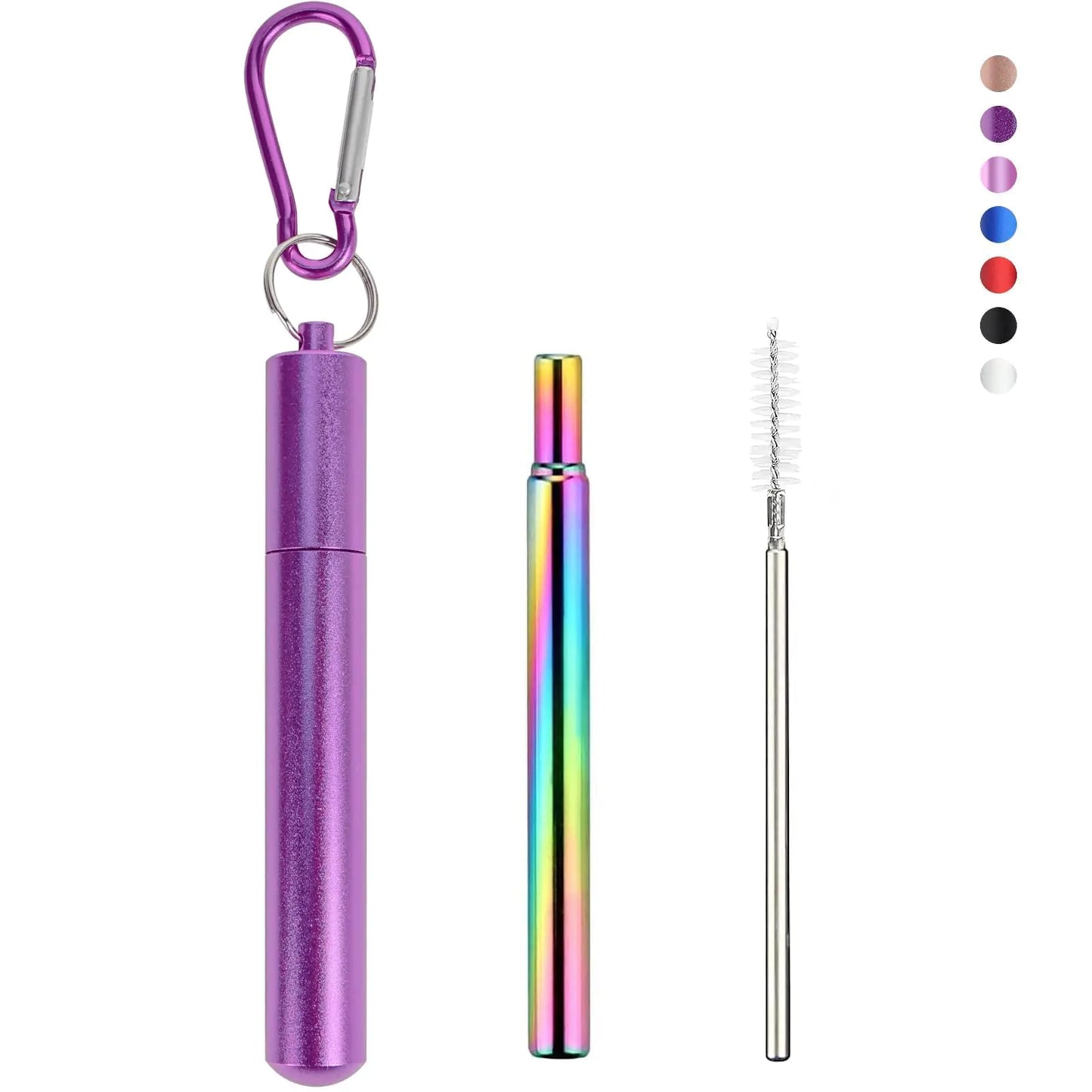 Foweroty 1 Pack Stainless Steel Straws Reusable Straws Travel Essentials，Metal Straws Reusable with 1 Aluminum Case 1 Cleaning Brush and 1 Keychains Cruise Ship Essentials(Purple)