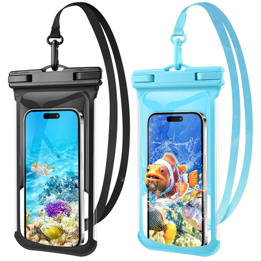 2 Pack Waterproof Phone Pouch- 3D Design 7.5" Waterproof Phone Case for iPhone 16/15/14/13/12/11 Pro Max Plus Samsung IPX8 Cellphone Dry Bag Beach Cruise Essentials Black+Blue